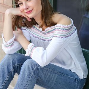 Rainbow Smocked Off the Shoulder Blouse
